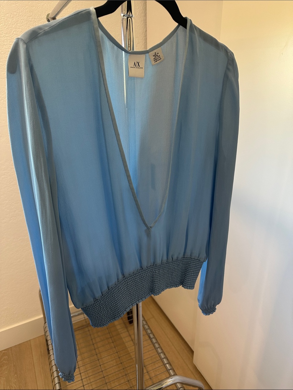 A|X Armani Exchange Sky Blue Deep V-Neck Long Sleeve Blouse- Silk